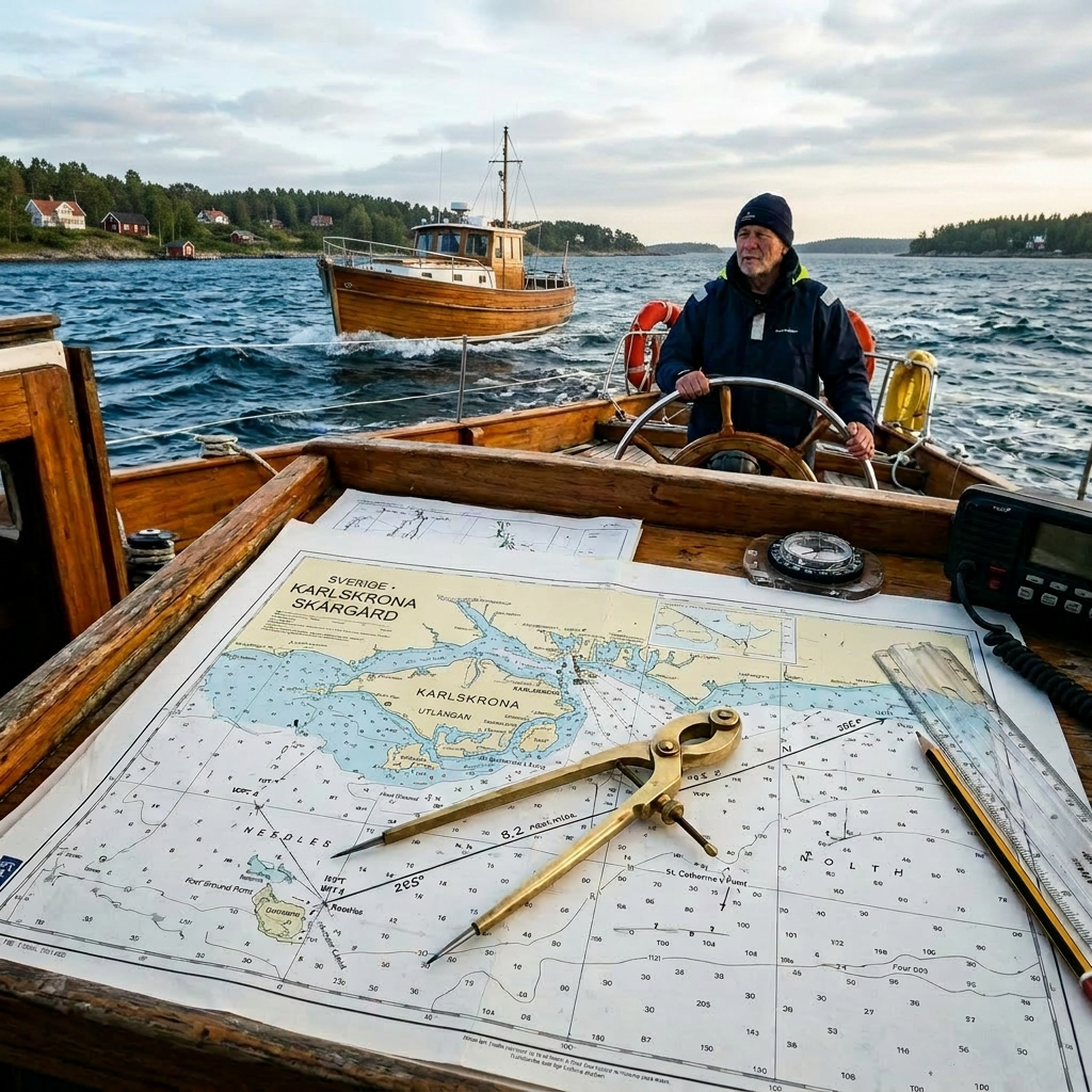 Nautical chart with compass and dividers on boat, sailor steering in background